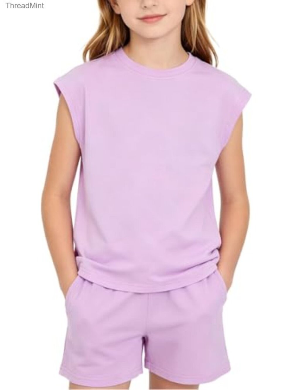 Girls 2 Piece Lounge Set Short Sleeve Oversized Tee with Pockets Elastic Waist